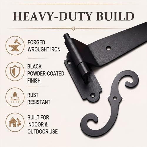 Image of 4 Pack (2 Pair) Steel Blind Shutter Hinges Set 11.75 inch Black Wrought Iron Shutter Offset Pintle Strap Hinge with 2 S-Hooks, Heavy-Duty Rust-Resistant Hardware Kit