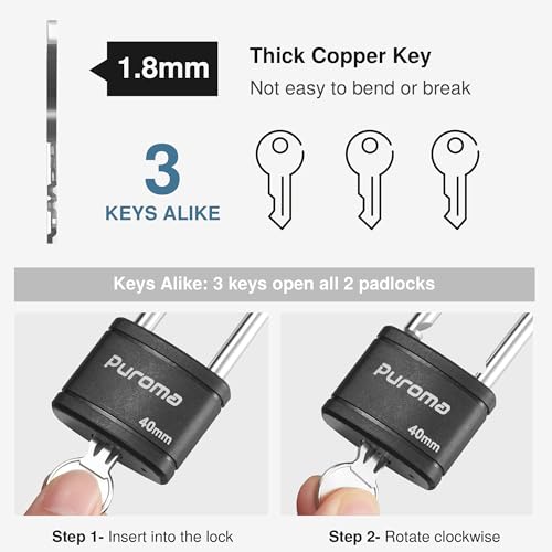 Image of Puroma 2 Keyed Padlock 3 Keys Alike 2.5 inch School Gym Locker Lock Gate 40mm (Pack of 2)
