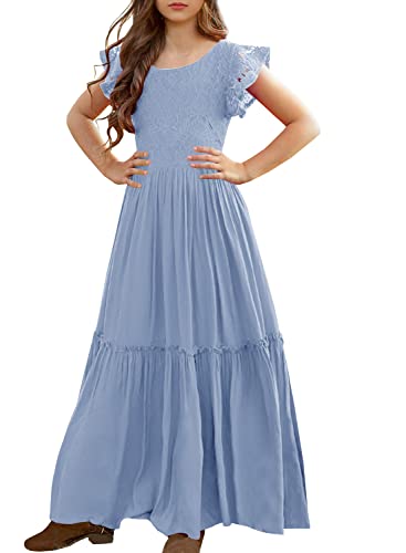 Image of MITILLY Girls Lace Flower Wedding Guest Long Maxi Dress for 6-12 Years | Girls Boho Dress, Girls' Special Occasion Dresses, Wedding Party, Size 6-12 Years, Ruffle Sleeve, A Line, With Pockets