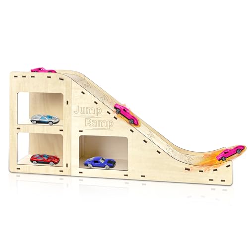 Wooden Toy Cars Jump Ramp, Toy Car Track Set for Hot Wheels, Race Cars Track for Hot Wheels and Diecast Cars, Wood Jump Ramp for Hot Wheels Cars, Playing Storage Display Race Track Set