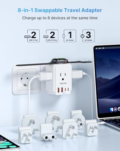 Image of Universal Travel Adapter Kit for Apple Watch Charger, VINTAR International Power Adapter with 3 AC Outlets 4 USB Ports (2 USB C), Type A /B /C /D /G /I /M Detachable Plugs, US to Europe /UK /India /Africa