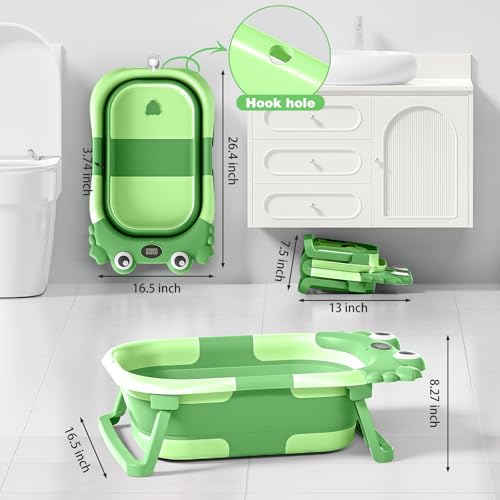 Image of Collapsible Baby Bathtub for Newborns with Thermometer and Soft Floating Cushion Portable and Foldable Travel Baby Bath Tub for Infants to Toddler 0-36 Month(Dark Green)