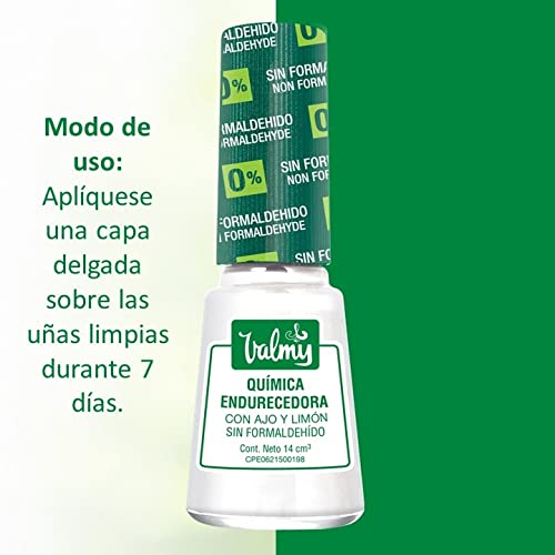 Valmy Química Endurecedora de Uñas con Ajo y Limón, Libre de Formaldehido, Tratamiento Esmalte Blanqueador y Endurecedor - 14 ml (1 unidad)