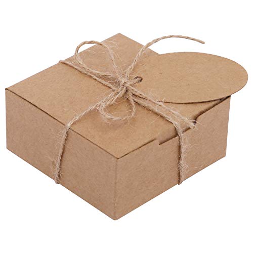 Belle Vous Kraft Gift Boxes (50 Pcs) - (7.5x7.5x3.5cm) Brown Square Gift Box - Kraft Paper Box with Gift Tags and Brown Hemp Rope for DIY Wedding Favors, Party Supplies, Candy Boxes
