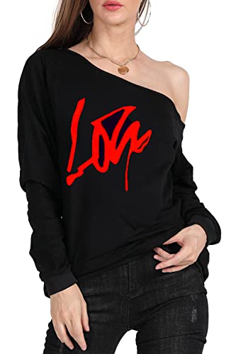 Image of MAGICMK Woman's Sweatershirt Lips Print Causal Blouse Off The Shoulder Long Sleeve Loose Slouchy Pullover Plus Size Tops