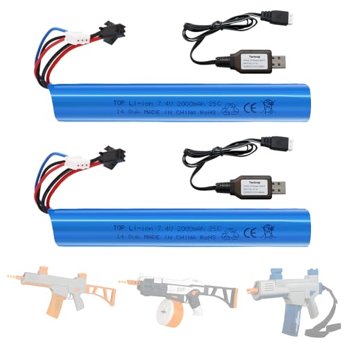 Tosiicop Airsoft Gel Blaster Battery - 7.4V 2000mAh LiPo Batteries for Splatter R Ball Accessories SRB400 SRB1200 SRB400-SUB Water Bead MP5K M4 M110 with SM-2P Plug Rechargeable Charging Cable
