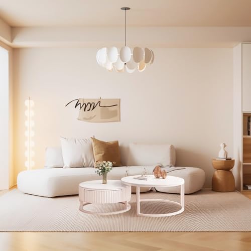 GonTzolkin Runder Couchtisch Weiß 2er Set Moderne Wohnzimmertisch Rund Marmor Couchtisch Mit Stauraum Holz Beistelltisch Weiss Metallrahmen Satztische Fürs Wohnzimmer Schlafzimmer Büro – Bild 8