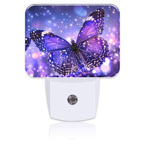 Image of Purple Glowing Magic Butterfly Night Light Butterfly Nightlight Plug into Wall with Dusk to Dawn Sensor for Kid Girls Boys Women Men Room, Hallway, Kitchen, Bathroom, Stairs Decor