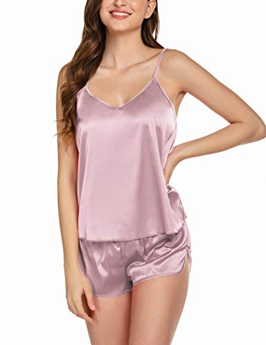 Ekouaer Sleepwear Sexy Silk Pajamas Set Satin Lingerie Womens Cami Shorts Set Wedding Bridal Two Piece Camisole Nightwear Rose Gold