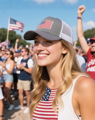 Image of American Flag Trucker Hat for Men Women, Adjustable Snapback Mesh USA Flag Baseball Cap