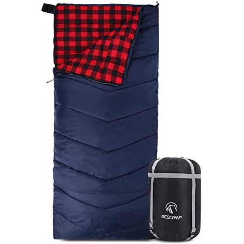 REDCAMP Cotton Flannel Sleeping bags for Camping, 41F/5C 3-4 season Warm and Comfortable, Envelope Blue with 2/3/4lbs filling (75″x33″)