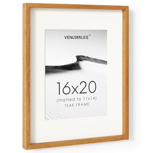 Image of 16 x 20 Picture Frame, USA-Sourced Natural Teak Wood Photo Collage Frame with HD Tempered Glass, Modern Simple 16x20 Wooden Frame Matted to 11x14, Vertical & Horizontal Wall Hanging Display