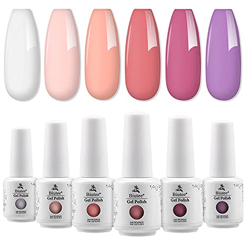 Biutee Pink Nude Gel Polish Kit 6 Colors Gel Nail Polish Kit Natural Nudes Natural Shades Gel Pink Purple Nude Color Milky White Gel Nail Polish French manicure