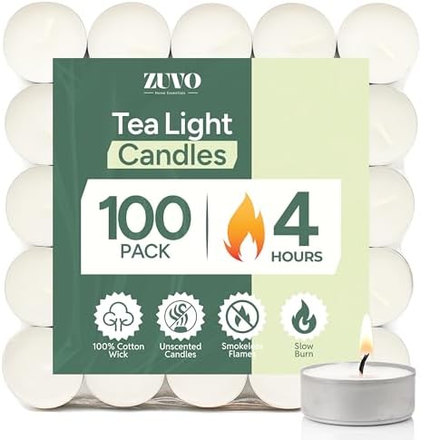 Zuvo Tea Lights Candles 4 hour burn (100 Pack) - White t lights - Unscented 3.8 x 2.3 cm - 4hr -