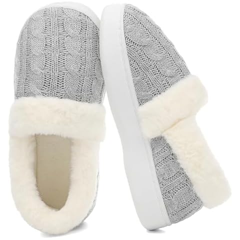 UBFEN Womens Fuzzy House Slippers Warm Bedroom Shoes with Faux Fur Lining Non Slip Memory Foam Slippers for ladies Indoor and Outdoor Size US 7-8 Grey Cover