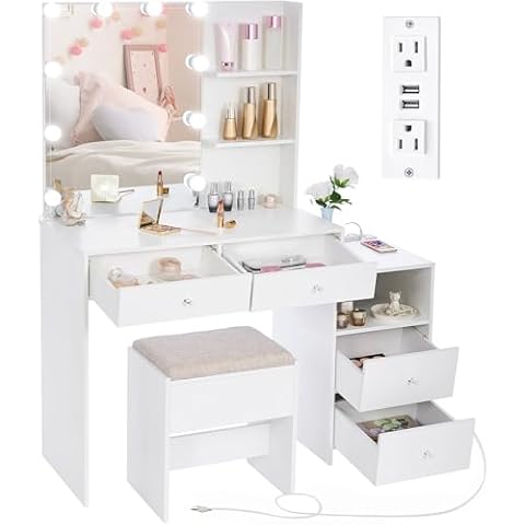 ANWBROAD Makeup Vanity Desk with Mirror & 10 LED Lights Big Vanity Set with Charging Station, Nightstand, Drawers, Storage Shelves, Stool, Bedroom Dressing Table for Women Girls White UBDT13W Cover