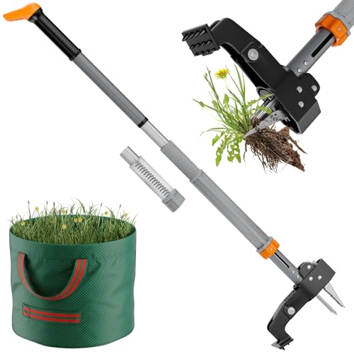 Volticore Stand-Up Unkrautstecher mit Teleskopstiel (98117 cm) 4 Edelstahl-Krallen & automatischer Rückstellung Unkrautentferner ohne Bücken inklusive praktischer Gartentasche