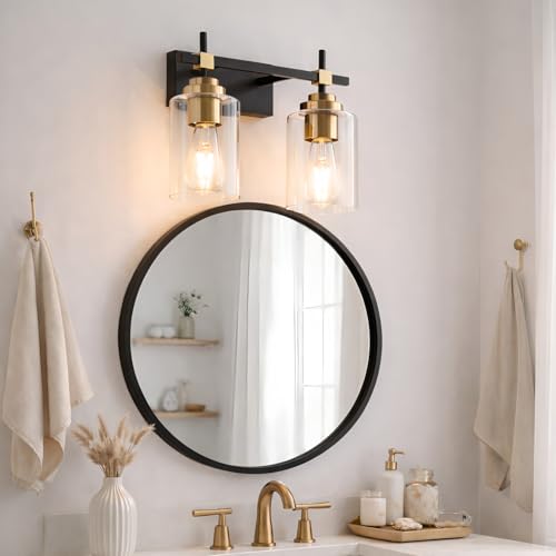 Image of SOLFART Modern Bathroom Vanity Light with Clear Glass Globes,2 Lights Bathroom Light Over Mirror Black and Gold Finish,Wall Mount Sconce for Over Mirror Vintage Lighting