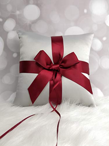 Abbie Home Flower Ring Bearer Pillow in Silver Satin Cover with Burgundy Ribbon Bow Décor Party Favor Set-Burgundy Bow Pillow (Pillow)