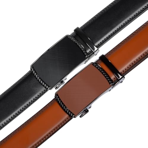 Image of Founders & C Mens Belt 2 Pack,Leather Ratchet Click Belt Dress with Slide Buckle 1 3 /8 inch in Gift Set Box- Size Adjustable