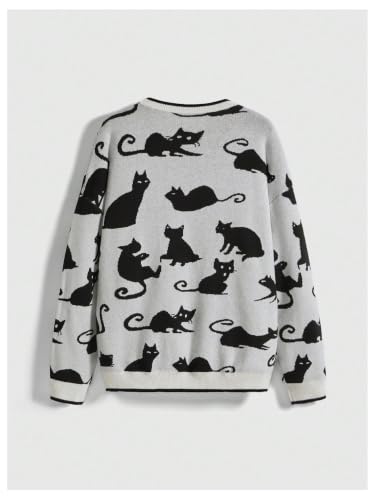 Image of WDIRARA Women's Goth Cartoon Pattern Sweater Knit Pullover Top | Long Sleeve, Crewneck