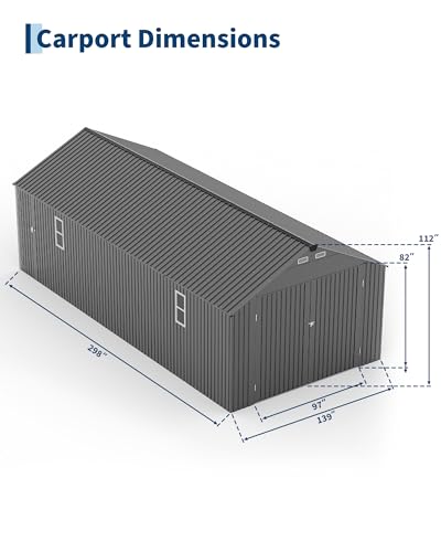 Image of GarveeLife 12x25 ft Metal Carport, Enclosed Car Port with Vertical Steel Roof for All-Weather Use, Metal Garage Shed with Man Door for Sedans & SUV, Gray