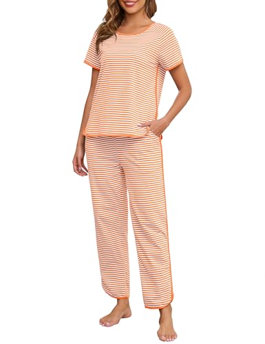 Image of Womens Pajama Sets Cotton 2 Piece Lounge Set Stripe Short Sleeve Pj Set Comfy Loungewear Sleepwear with Pockets