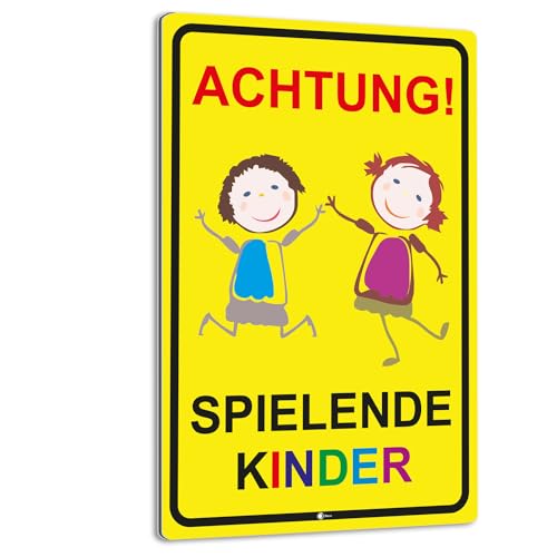 Warnschild I Achtung Spielende-Kinder I Aluverbund-Schild I 20 x 30 cm groß I 3 mm Stark I mit UV Schutz-Laminat I Wetterfestes Hinweisschild I hin065