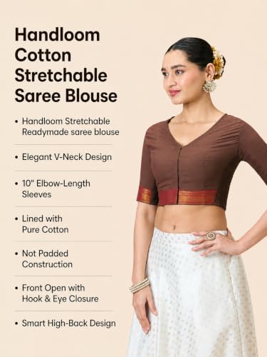 Image of Studio Shringaar Women's Handloom Cotton Stretchable (Smocked) Saree Blouse with Temple Zari Border