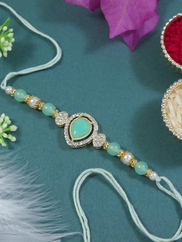 Image of I Jewels Designer Kundan Pearl Bhaiya Rakhi With Roli Chawal for Brother /Bro /Men with Rakshabandhan Card
