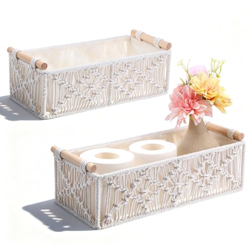 IMengjbang 2 Pack Macrame Storage Baskets, Boho Decor Baskets Woven Storage Boxes for Organization Countertop Toilet Paper Basket for Home Decor Bedroom Nursery Livingroom Entryway, White