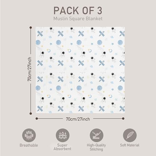 Image of GLLQUEN BABY Receiving Blanket Boy Cotton Muslin Swaddle Blankets Girl Newborn Squares Breathable & Soft Thin Baby Blankets Cloths Double Absorbent Infant Swaddling Wrap - 3 Pack (Blue Astronaut)