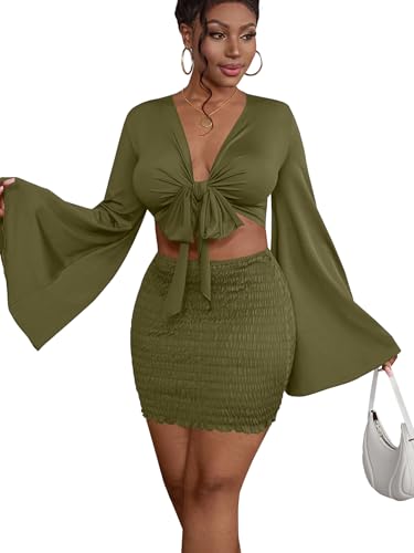 Image of LYANER Women 2 Piece Vacation Outfits Tie Knot Front Bell Long Sleeve Crop Top and Mini Skirt Summer Set