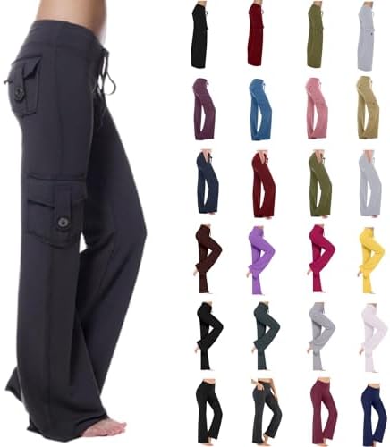 Wide Leg Yoga Pants for Women Plus Size High Waist Stretchy Flare Leggings Soft Drawstring Pockets Workout Cargo Sweatpants