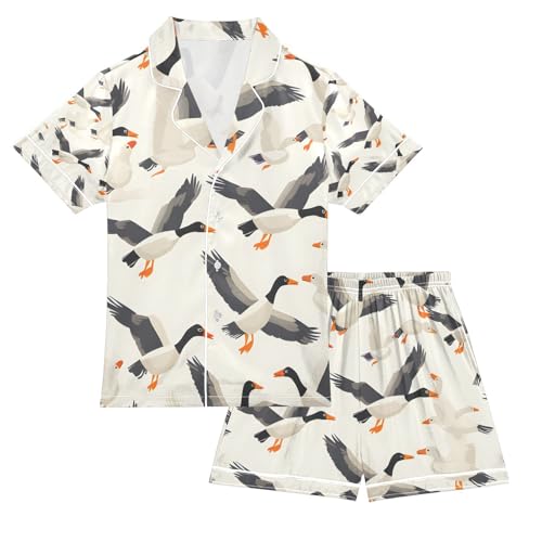 senya Wild Geese Satin Summer Pajama Sets Silk Short Sleeve Button Down Sleepwear