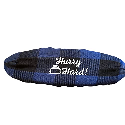 Handmade Curling Broom Cover Blue & Black Buffalo Plaid Hurry Hard w. Curling Stone