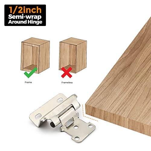 Image of Ravinte 50 Pack 25 Pairs 1 /2 inch Overlay Kitchen Cabinet Hinges Self Closing Cabinet Door Hinges Kitchen Cabinet Semi Wrap Around Hinge For Face Frame Cabinet Satin Nickel Face Mount Cabinet Hardware