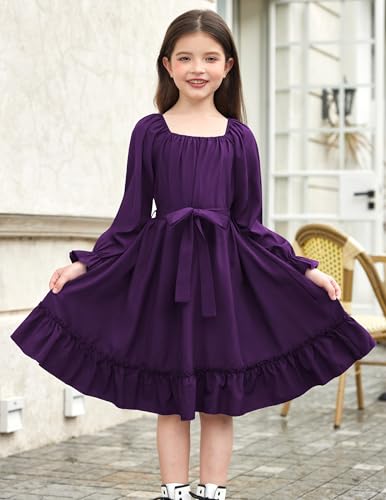 Arshiner Girls Long Sleeve Dresses Fall Party Formal Holiday Swing Flowy Ruffle Midi Dress4