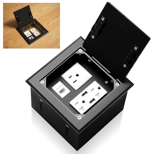 Image of Floor Electrical Outlet Box, Recessed Flat Hidden Low Profile Receptacle with 2 * 20 A+ 1 * 15 a Receptacle Outlet, +2 * 5 V /4.8 a USB Port+1* Rj 45 Port
