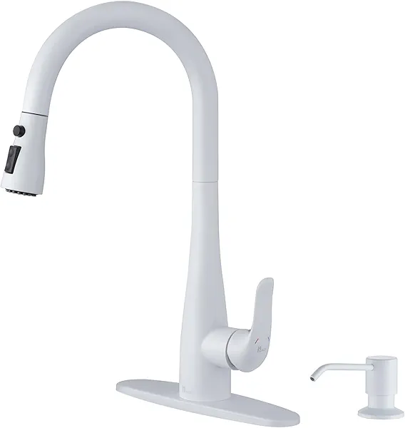 HGHGK Kitchen Faucet with Soap Dispenser and Pull Down Sprayer - Stainless Steel Single Handle Kitchen Sink Faucet, 1 or 3 Hole Design for Modern Farmhouse Kitchens, Rv, and Bar Sinks(White)