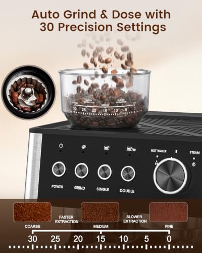 Image of Espresso Machine with Grinder, Professional Expresso Coffee Machines,Coffee Maker with Tamping Tools and Steam Wand, 30 Grind Settings, Removable Water Tank for Cappuccino /Latte-Stainless steel&Black