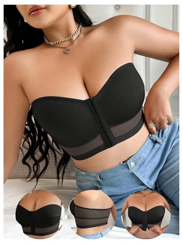 Image of MakeMeChic Women's Plus Size Strapless Bras Front Closure Half Push Up Bra Bandeau Wireless Bralette for Large Bust
