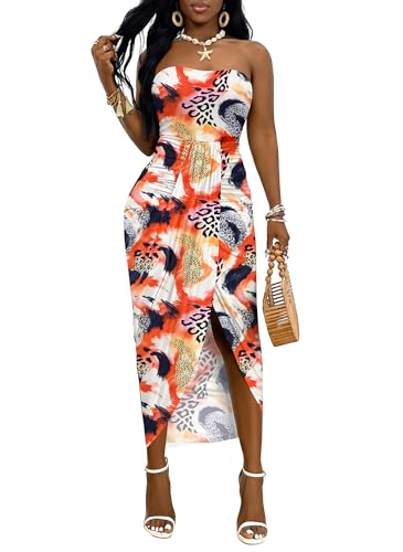 Image of Umenlele Women's Strapless Ruched High Waist Wrap Split Asymmetrical Beach Maxi Long Dress