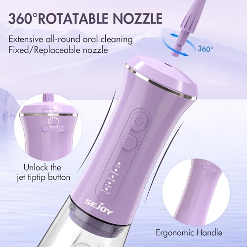 Sejoy Water Flosser, Water Picks for Teeth Cleaning and Flossing, Tooth Flosser Picks Electric Cordless Portable Water Dental Flosser, 350ML 5 Modes 9 Jet Tips, for Daily Oral Care, Purple - Thumbnail 7