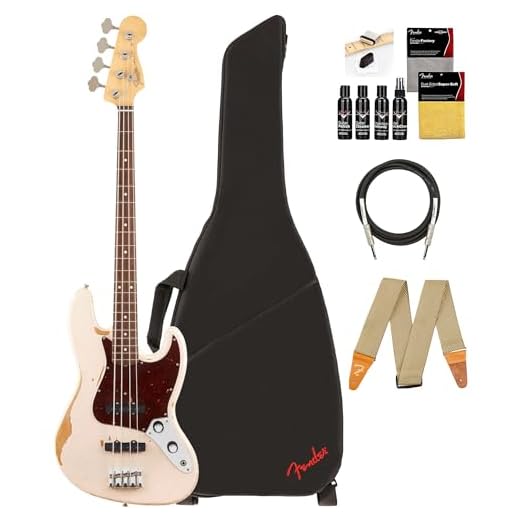 Fender Flea Jazz Bass - Roadworn Shell Pink Bundle with Gig Bag, Strap, Instrument Cable, and Guitar Cleaning Kit