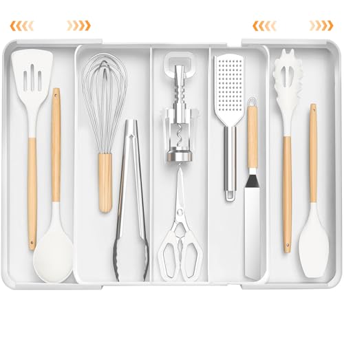 Organizador de Cubiertos Expandible 5 Compartimentos,Organization de Cocina con Ranura de Drenaje,Organizador de Cajones con Separadores,Porta Cubiertos para Cajon para Cucharas...