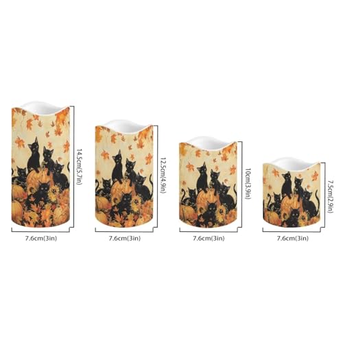 Image of Fall Maple Black Cat Flickering Flameless Candles with Remote LED Pillar Candles Battery Operated with Timer Color Changing Electric Candles for Thanksgiving Day Home Kitchen Decor