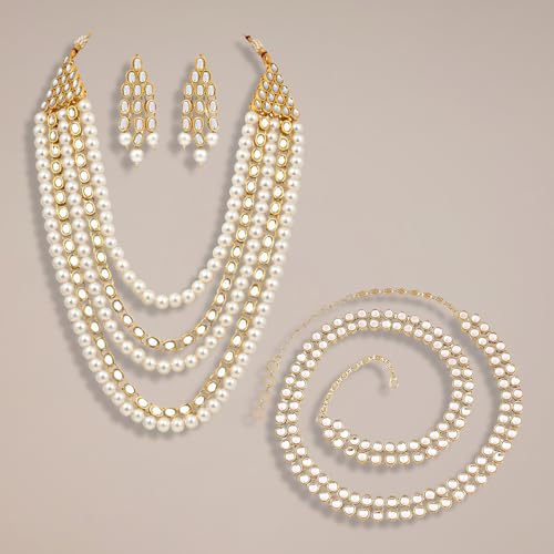 Image of Peora Kundan Faux Pearl Long Necklace & Jewelry Set Gift for Women