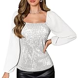DRESSTELLS Sparkly Tops for Women, Long Sleeve Cocktail Party Elegant Evening Concert Holiday Sequin Disco Club Vegas Glitter Blouses Silver L