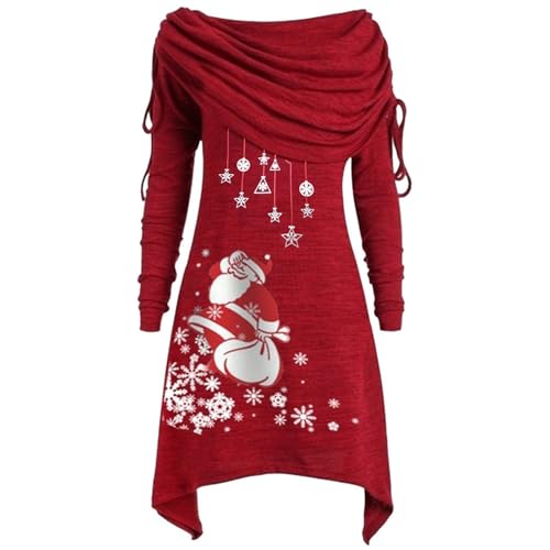 Generisch Vestido de Navidad para mujer, talla grande, con cuello plisado, aspecto envolvente, manga larga, dobladillo irregular con estampado festivo, cintura ajustada para fiestas navideñas, A1-rojo